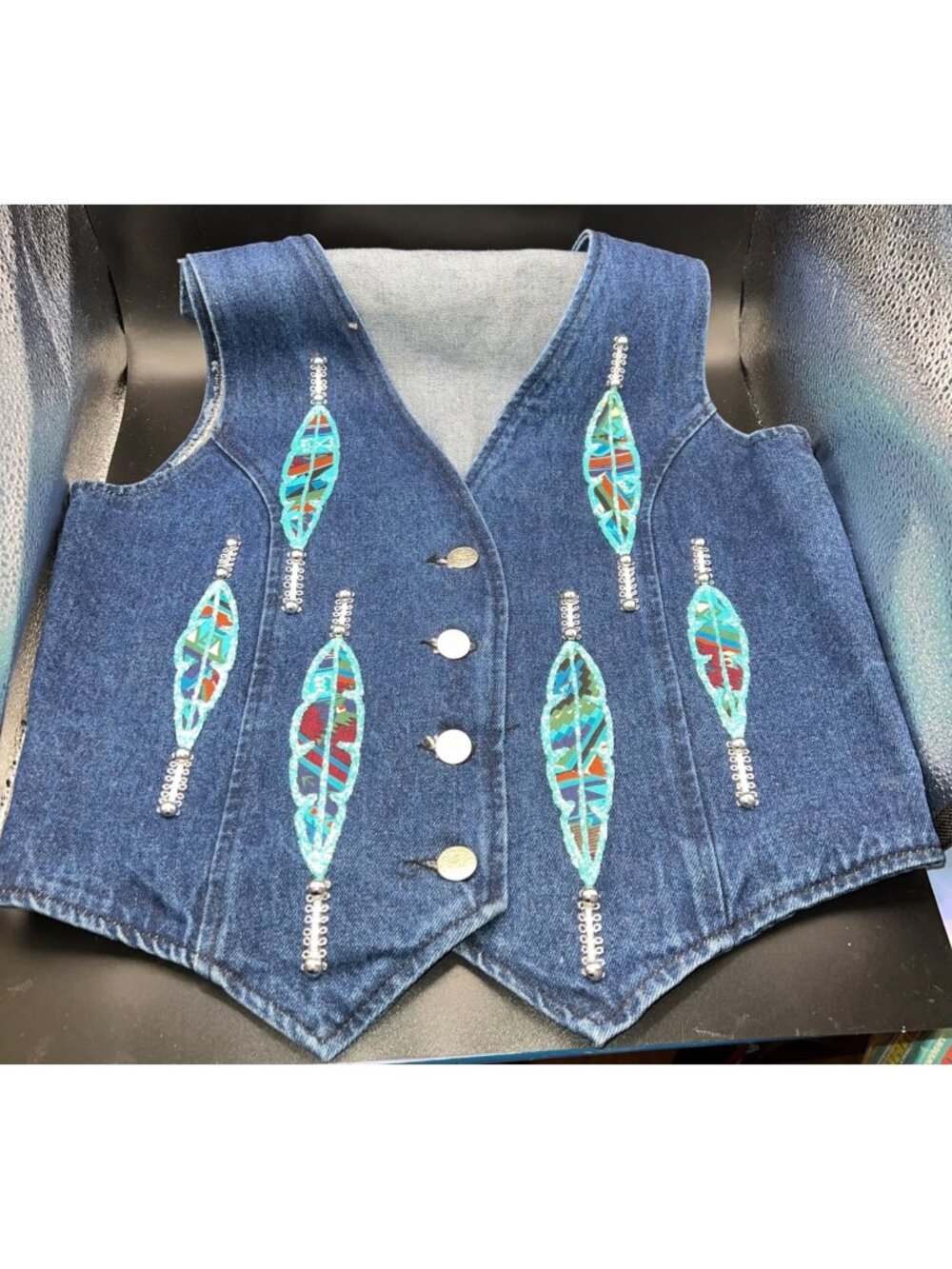 Unique By Dot Denim Vest Embellished Feathers Beaded Details Button-Front Small